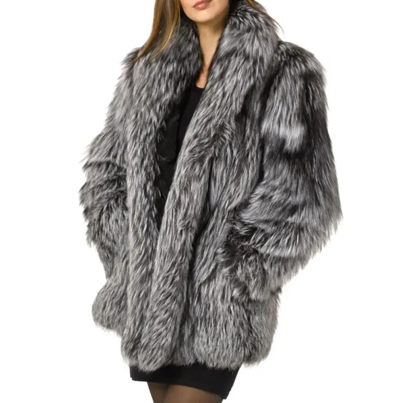 Осенне-зимнее Модное новое пальто с мехом из искусственного бархата, длинное пальто с мехом, женское свободное плотное теплое пальто серебристого и серого цвета