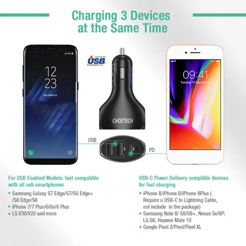 Choetech 30 Вт 3 порта USB Автомобильное зарядное устройство Dual + type C PD быстрое для