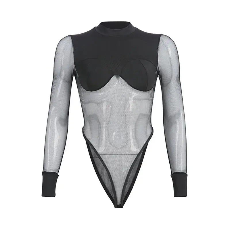 

Women Sexy Bodysuit Long Sleeve Fashion Patchwork Mesh Top See Through Club Wear Skinny Body Suit Black Gothic Summer Rompers