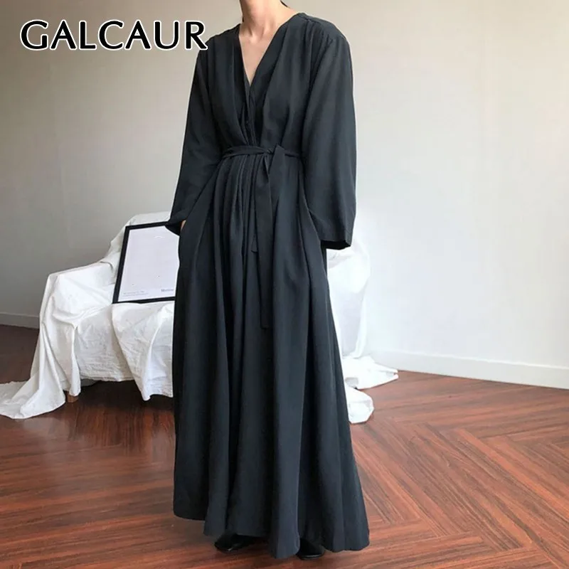 

GALCAUR Summer Solid Maxi Dress For Women V Neck Long Sleeve Bandage Oversized Dresses Female Fashion 2019 Casual New Tide