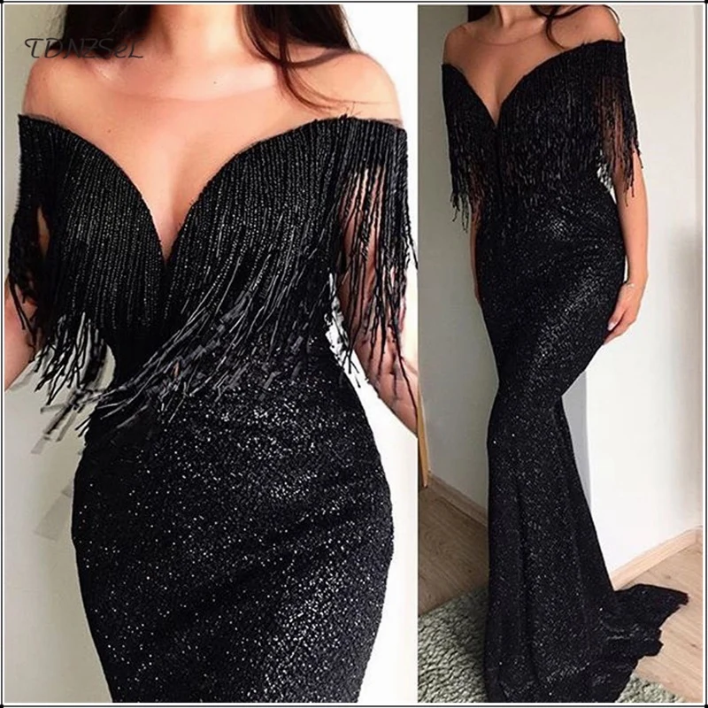 

Elegant Off Shoulder Tassel Low Cut Sheath Maxi Dress Sexy Women Deep V Lurex Black Shiny Evening Party Dresses Elastic Bodycon