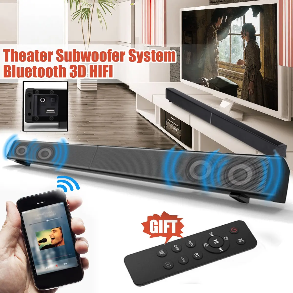 

Home Theater Wireless Speaker bluetooth Soundbar TV AUX US Remote Control Soundbar 3D Stereo Speaker with Subwoofer for TV