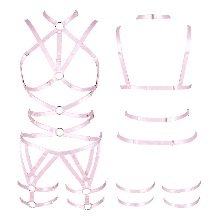 

Women Full Pink Body Harness Bra Strappy Tops Hollow Out Sexy Lingerie Set Plus Size Elastic Adjust Punk Goth Club Dance Rave