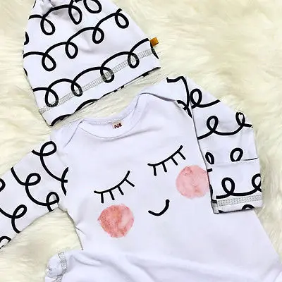 2019 2PCS Newborn Baby Clothes Set Long Sleeve Sleepy Pajamas Bedgown + Hat Set Baby Unisex Night Robe