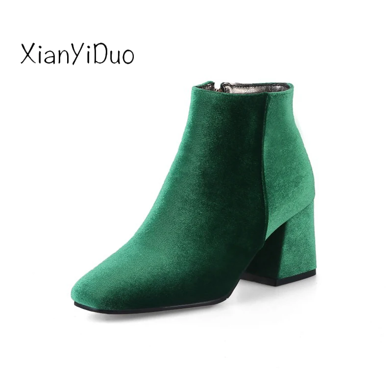

Xianyiduo 2019 new autumn flock Women's Shoes ankle Boots Square Toe NUDE Green Wine Red plus size34-48 Short Plush zipper /h6