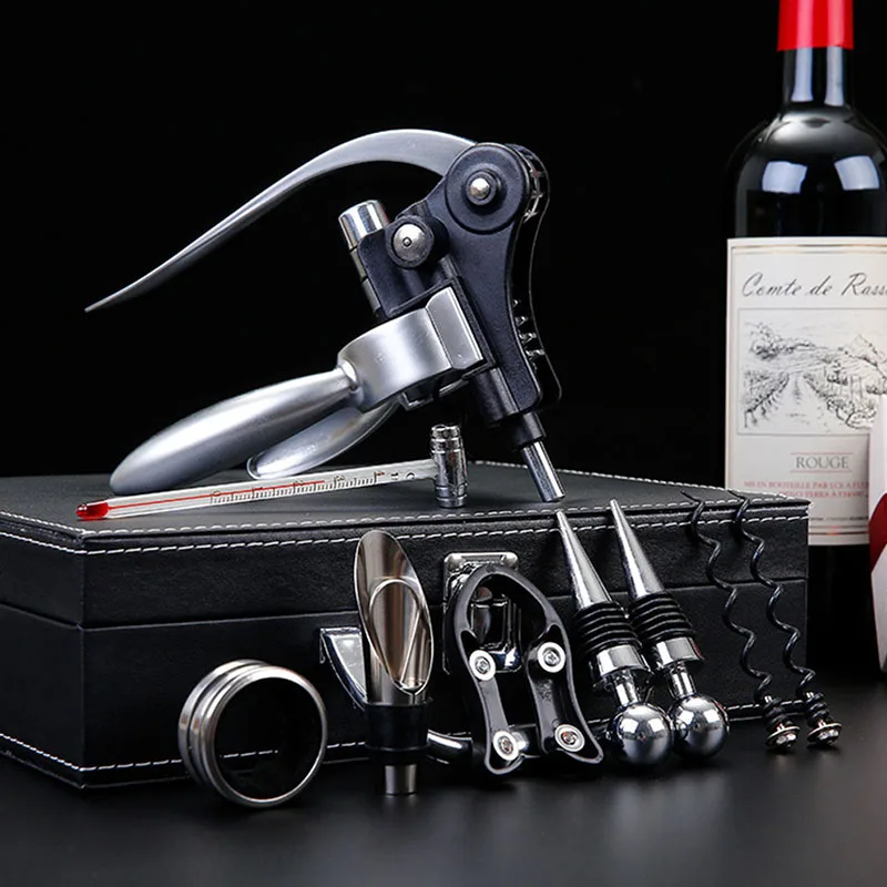 

8Pcs Red Wine Bottle Opener Set Opener Stopper Pourer Set In Box Drip-Proof Wine Ring Cutter Thermometer Bar Tool Accessories