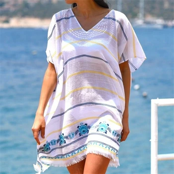 

Women Bikini Cover Up Boho Style Party Short Mini Dress Summer Beach Dress Casual Loose Striped Sundress Tassels Beach Cover Up