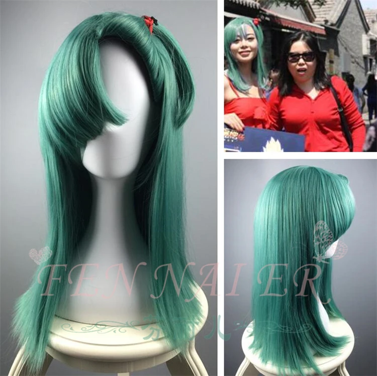 

Dragonball Bulma Green Cosplay Wig Blue Short Straight Facial Hair Ponytail Adult