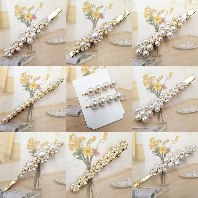 

Girls Imitation Pearl Crystal Hot Sale Flower Vintage Long Barrettes 1PC/1Pair Metal Hair Clips Hair Accessories 2019 Korea