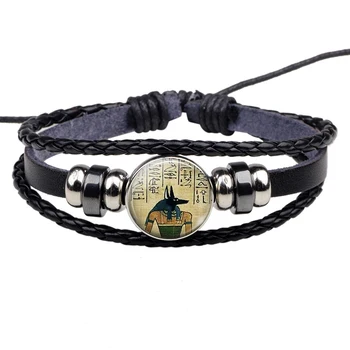 Lord of The Underworld Anubis Glass Cabochon Egyptian Jewelry Black Braided Leather Bracelet Men Women Gift