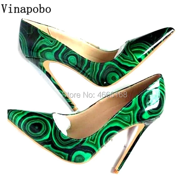 

2019 New Arrivals Green Print Patent Leather High Heels Pumps 12cm Pointed Toe High Stiletto Heels Pumps Women wedding Shoes