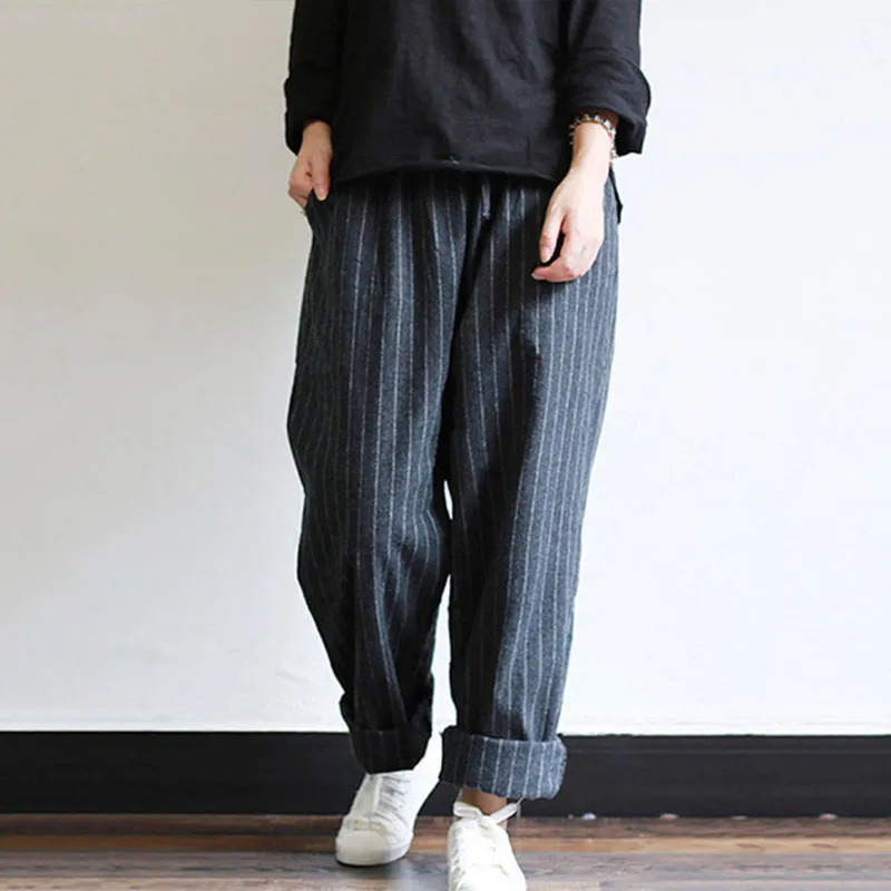 

Autumn Fashion boho Women Cotton Linen Striped Trousers Vintage elastic waist pockets loose Casual harem Pants pantalon femme