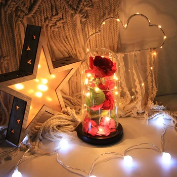 

3PCS artificial flowers Rose LED Glass Dome on Wooden Base Valentine's Day Anniversary Rose Kit Dried Flowers Home Decoration