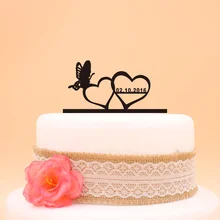Индивидуальный Свадебный Топпер для торта с двойным сердечком и бабочкой, аксессуар для торта, Заказная фамилия, Топпер для свадебного торта для пары