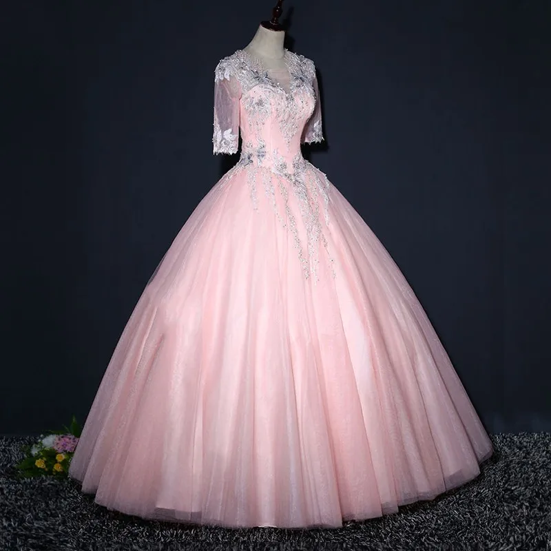 Новые розовые платья Quinceanera мяч халат с рукавами до локтя Сладкий 16 платья светится в течение 15 лет Дешевые Длинные платье для выпускного вечера и фуршетов великолепные