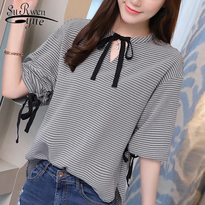 

2018 fashion sweet plaid women blouse shirt summer half sleeve v neck slim thin ladies tops casual women clothing blusas 0286 40