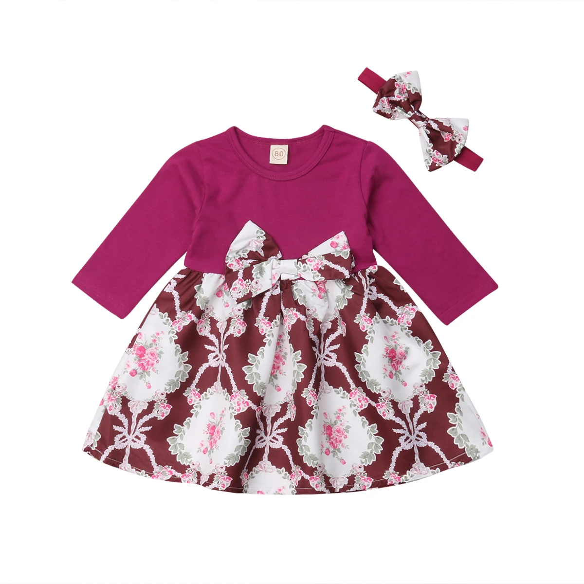 

Infant Kids Baby Girls Long Sleeve Floral Bowknot Party Pageant Princess Tutu Dress Headband Clothes