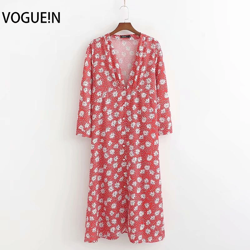 Женское платье миди VOGUEIN красное с глубоким v-образным вырезом и рукавом 3/4 на