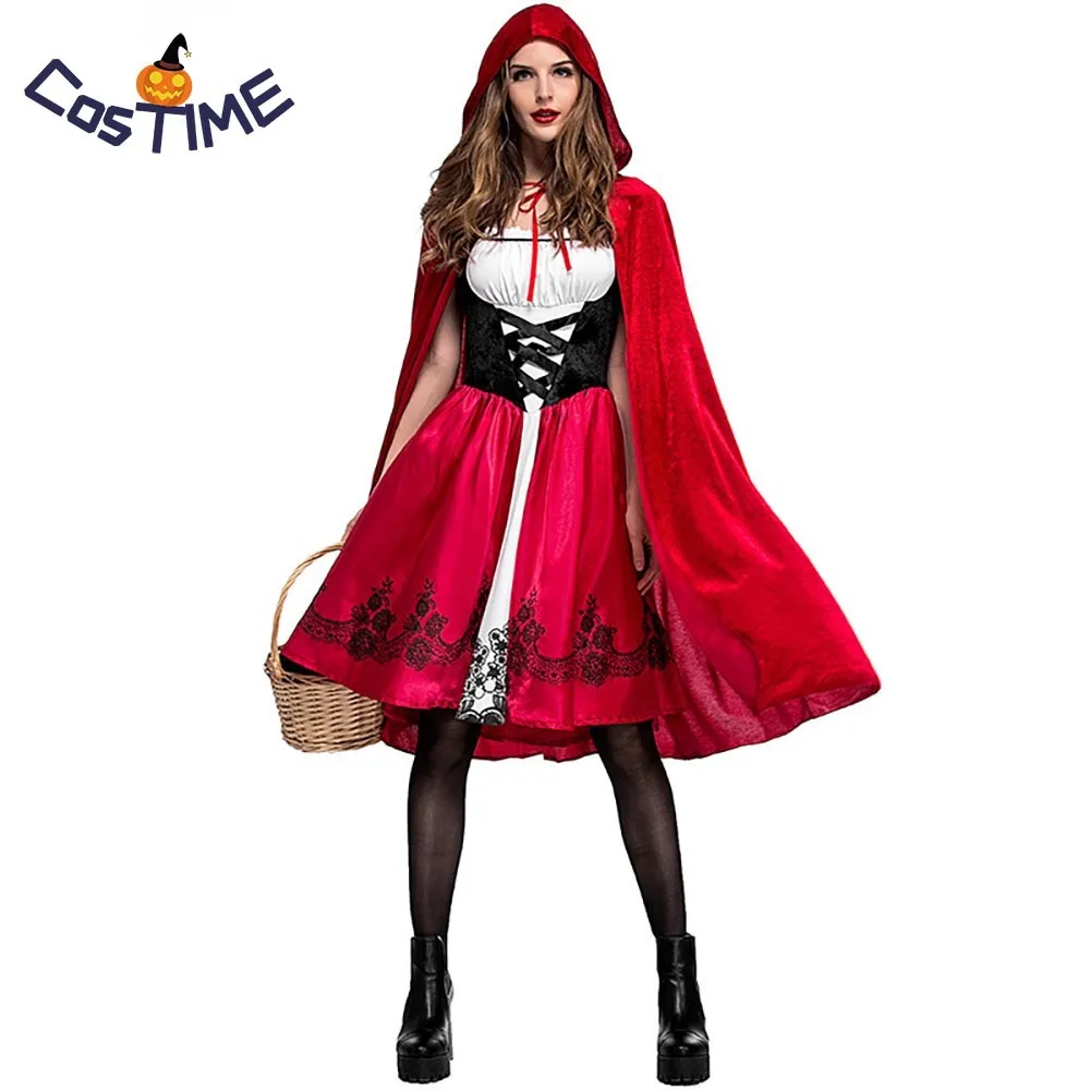 

Hot Adult Little Red Riding Hood Costume Ladies Gothic Dress Outfit Black Fairytales Costumes Halloween Fancy Dress For Women