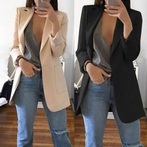 

New Women's Casual Mid Coat Lapel Slim Cardigan Outdoor Work Suit Jackets