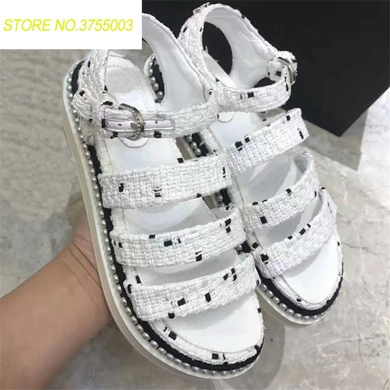 

New Summer Sandals Tide Shoes Woman Platform Flats Ankle Strap Sandals Designer Pearls Woman Cozy Sandals Gladiator Woman Shoes