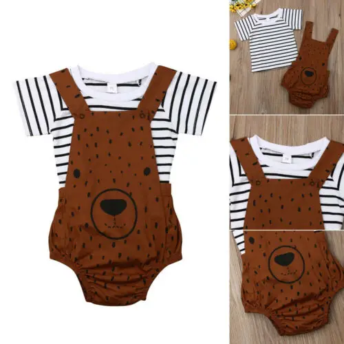 Boy Girl Cute Bear Sunsuit Stripe T-shirt Bib Pants Overalls Outfits