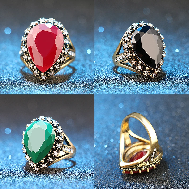 

1PC Bride Wedding Boho Rings Big Black Stone Red Green Zircon Antique Gold Turkish Jewelry Mosaic Crystal Size 7 8 9 10