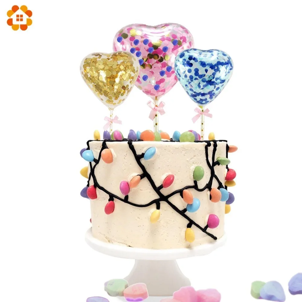 

1PC 5inch Confetti Balloon Heart&Round Cake Topper With Straw Ribbon DIY Baby Shower Decoration Wedding Birthday Party Supplies