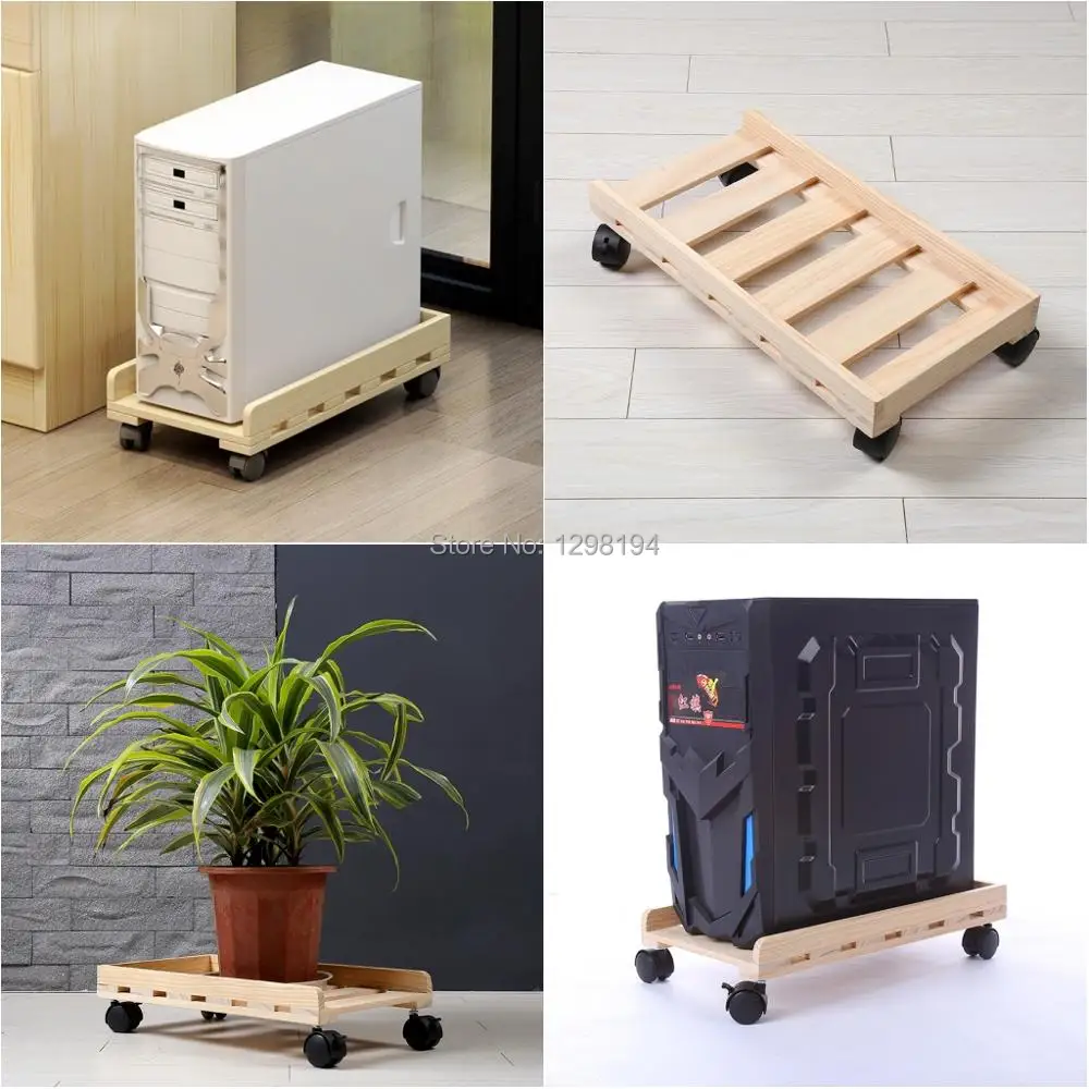 Desktop PC Case Computer CPU Stand Holder Tower Rolling Wheels Wood