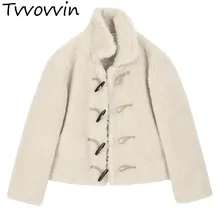 Весна Зима Женское стильное одноцветное пальто из овечьей шерсти с длинным рукавом и стоячим воротником с роговыми пуговицами свободное теплое имитирующее пальто из овечьей шерсти E001