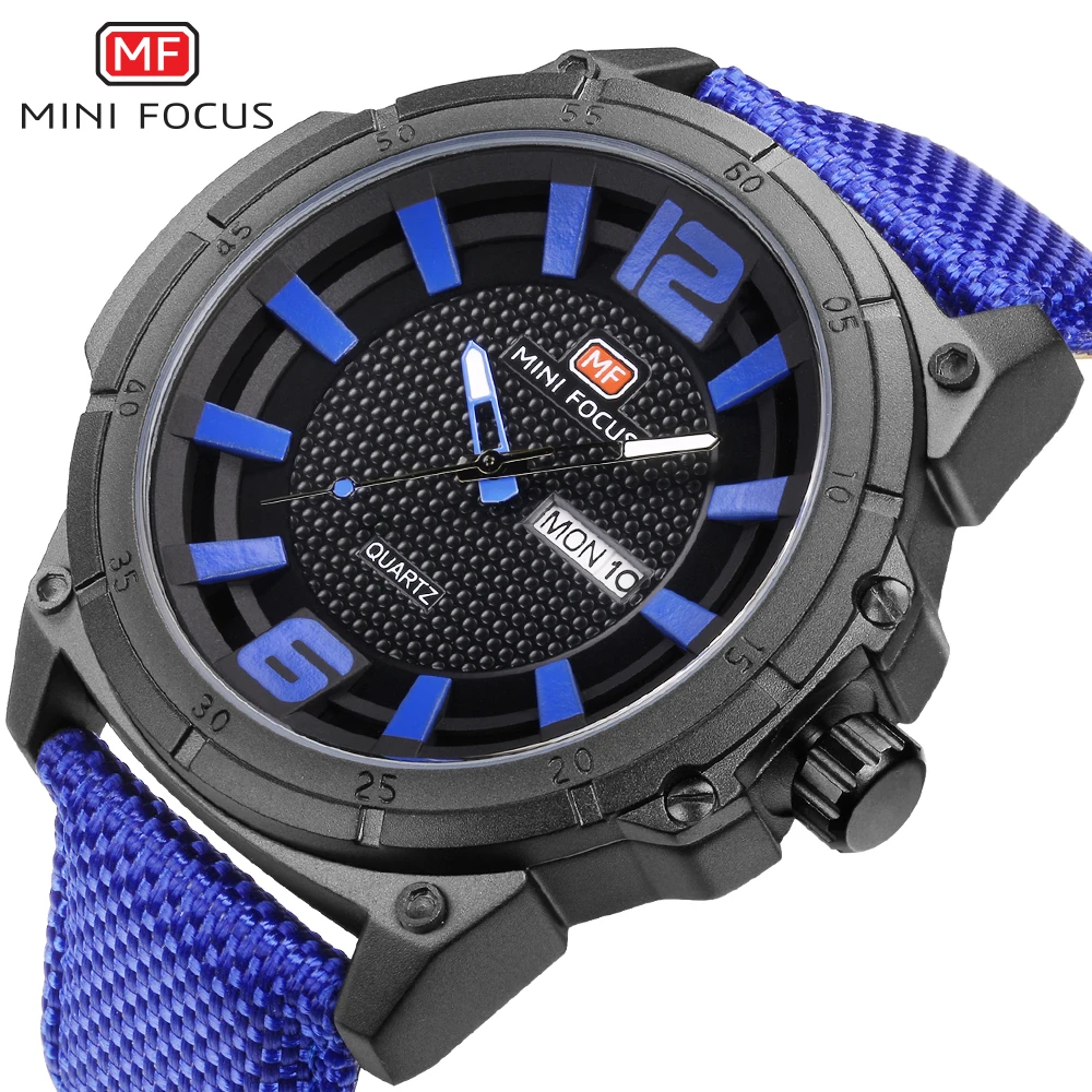 Мини фокус Водонепроницаемый Спорт Кварцевые часы Для мужчин Дата Неделя Дисплей синий нейлоновый ремешок моды Повседневное Для мужчин s