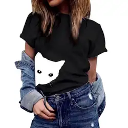 Женская футболка с принтом кота и круглым вырезом, с коротким рукавом, тонкая футболка 2019, Повседневная Толстовка, летняя спортивная одежда
