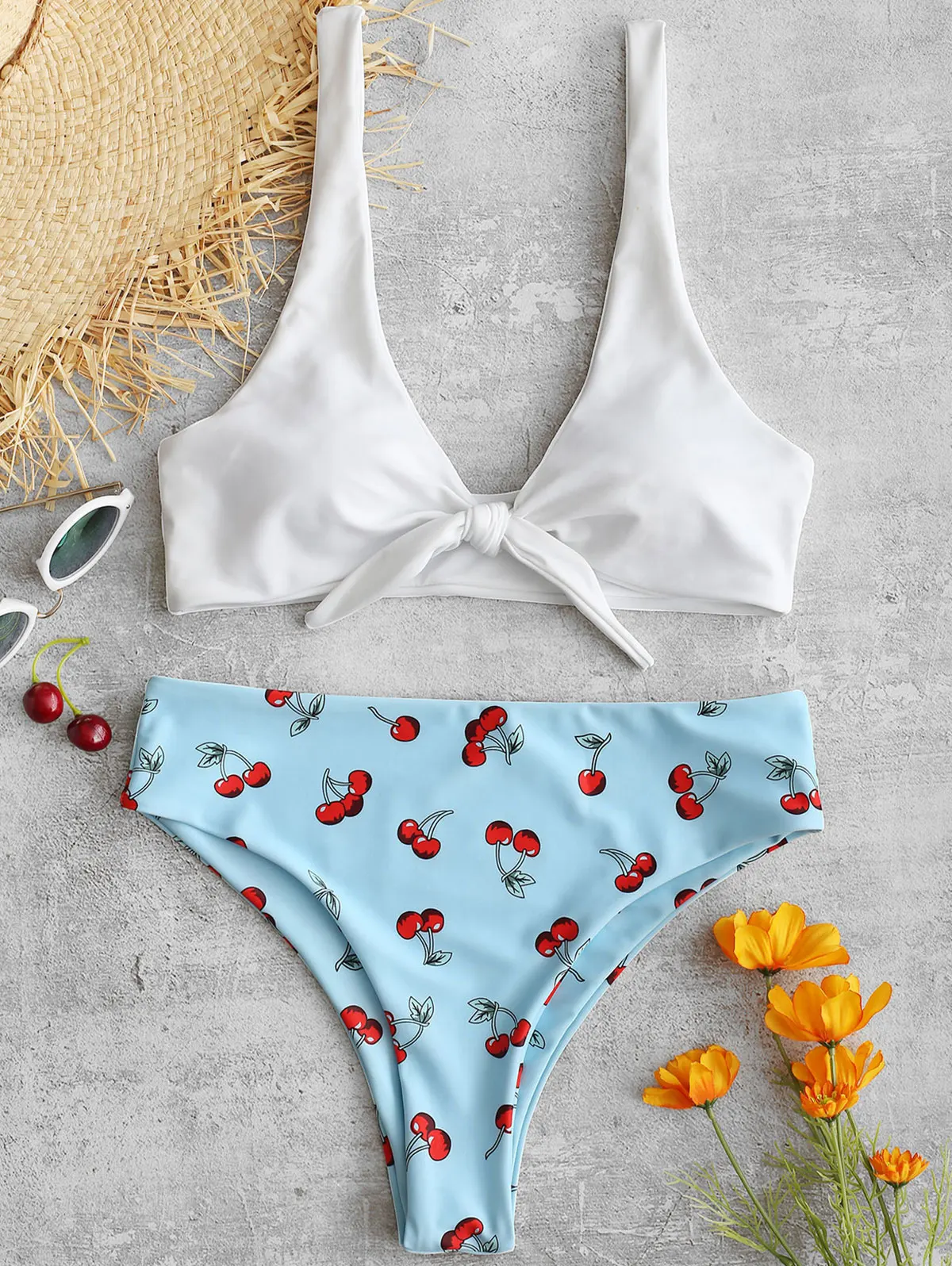 ZAFUL узлом Вишневое бикини 2019 с высоким вырезом комплект Погружаясь шеи купальник