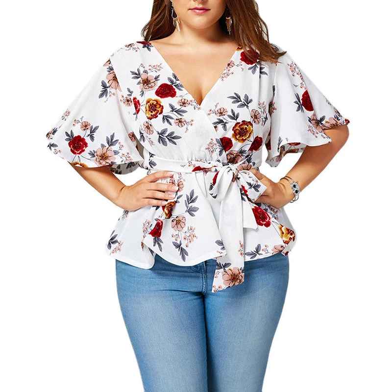 Womens tops XL-5XL Plus Size Belt shirts summer holiday tropical clothing Surplice Peplum Top Blouse Floral shirt chemise femme