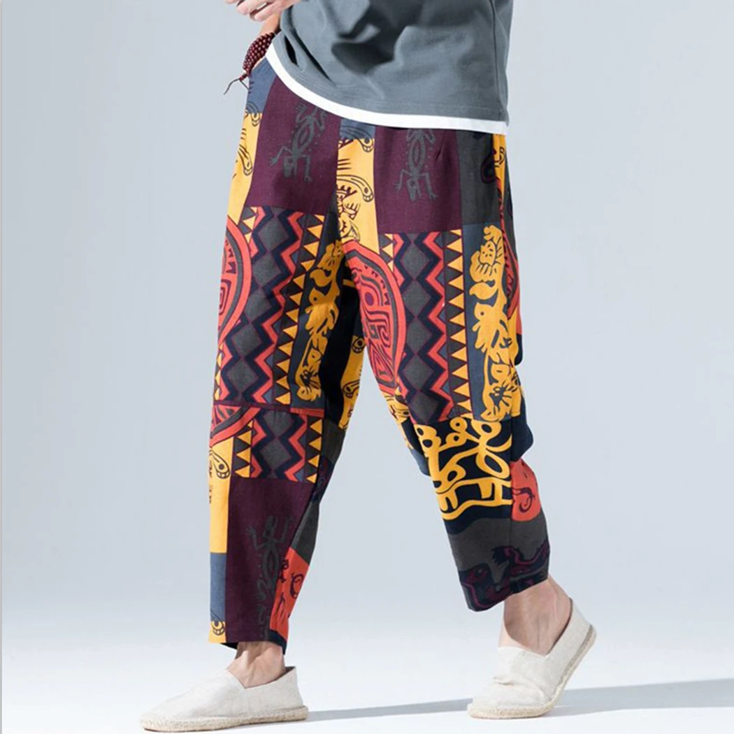 Мужские 5XL шаровары этнические Цветочные хлопковые брюки повседневные свободные, длиной до щиколотки фитнес брюки мужские мешковатые тренировочные штаны с резинкой в талии
