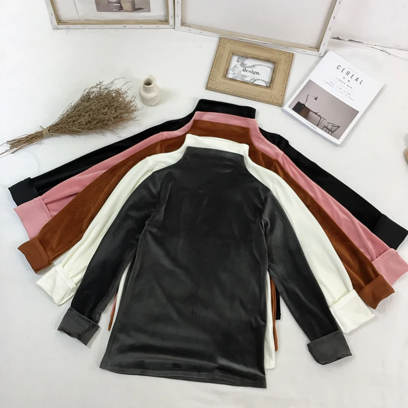 2018 winter women's solid color turtleneck long sleeve thermal T-shirt and velvet thick warm t shirts tops pullover for female