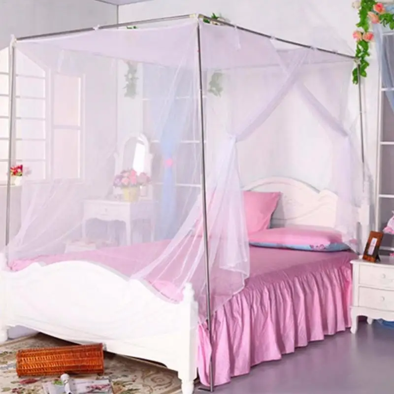 

Home Practical Mosquito Nets Polyester Cotton White Plaid Four Corner Single Door Mosquito Net Square Top Four Corner Strap Net