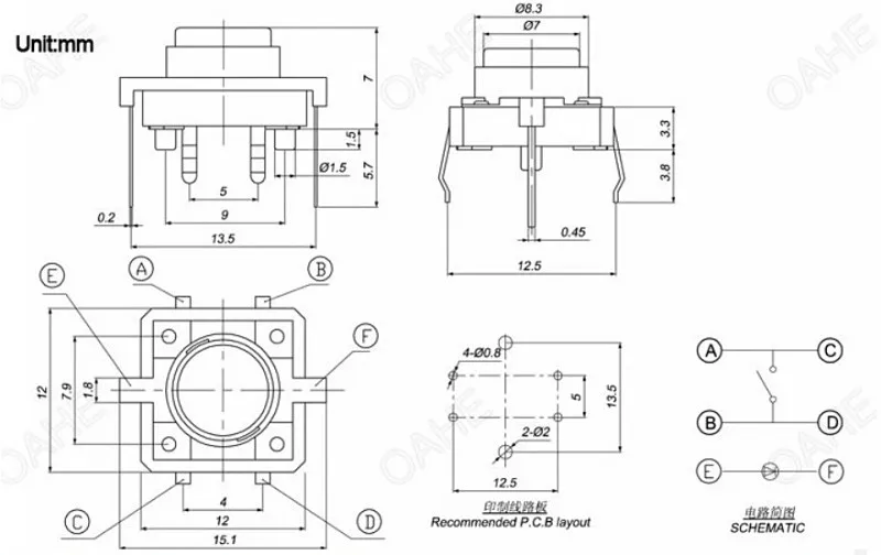 20 шт. переключатель с подсветкой 12x12x7,3 мм зеленый красный желтый синий белый светодиодный кнопочный переключатель мгновенный светодиодный 5 цветов 12*12*7,3 мм