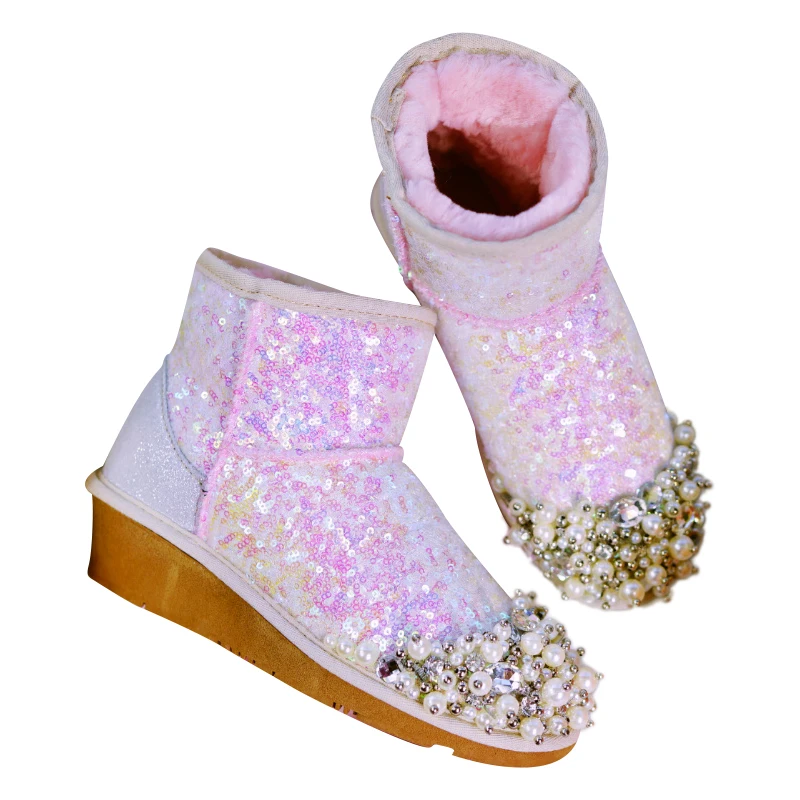 

Luxury Shiny Pearls Crystals Women Winter Snow Boots 2019 Sequins Sweet Ladies Ankle Booties Plush Warm Fur Platform Wedge Shoes