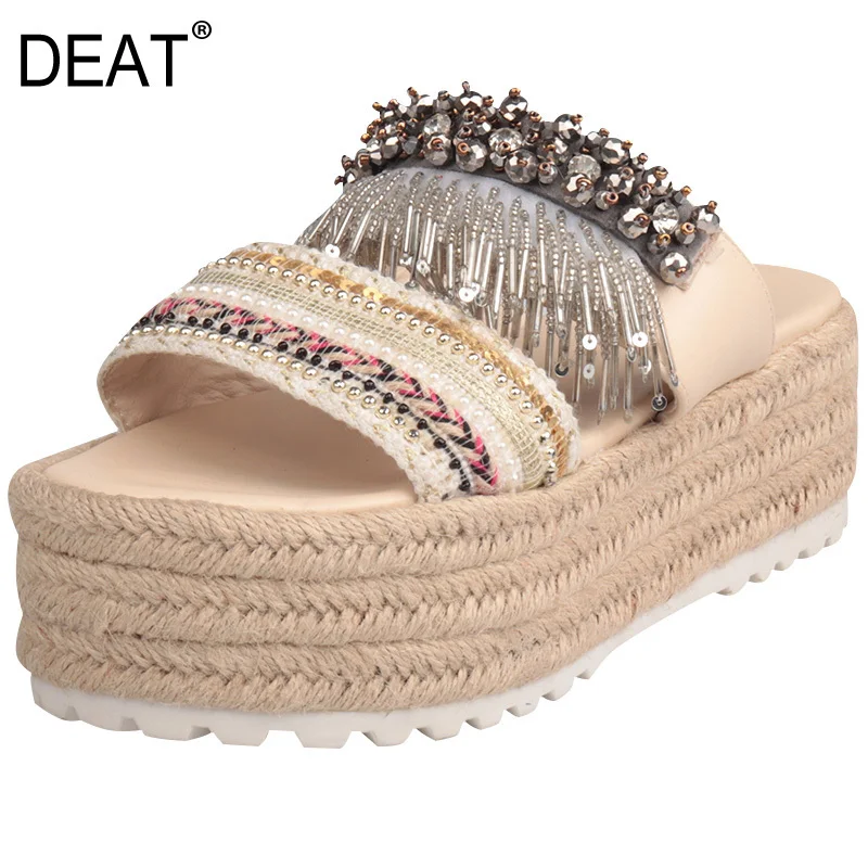 

[DEAT] 2019 New Spring Summer Round Toe Crystal Fringe String Beads Wedges High Heels Slippers Women Shoes Fashion Tide 10C660