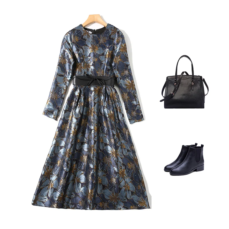 Banulin Fashion Woman Autumn Winter Runway Dress A-line Star Style Female Elegant Dress Long Sleeve OL party Dress Jaqcard Dress