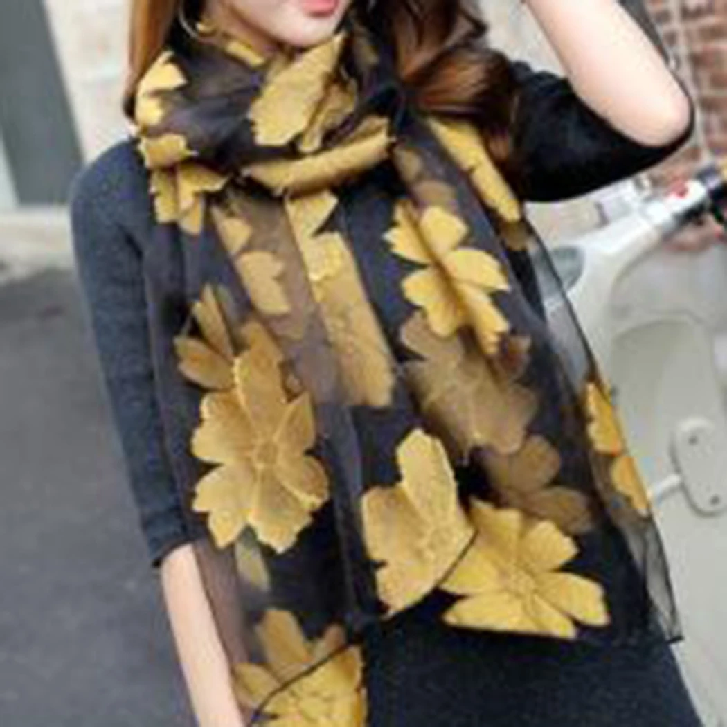 Elegant Women Scarf Wraps Leaf Floral Embroidery Scarf Leaves Silk