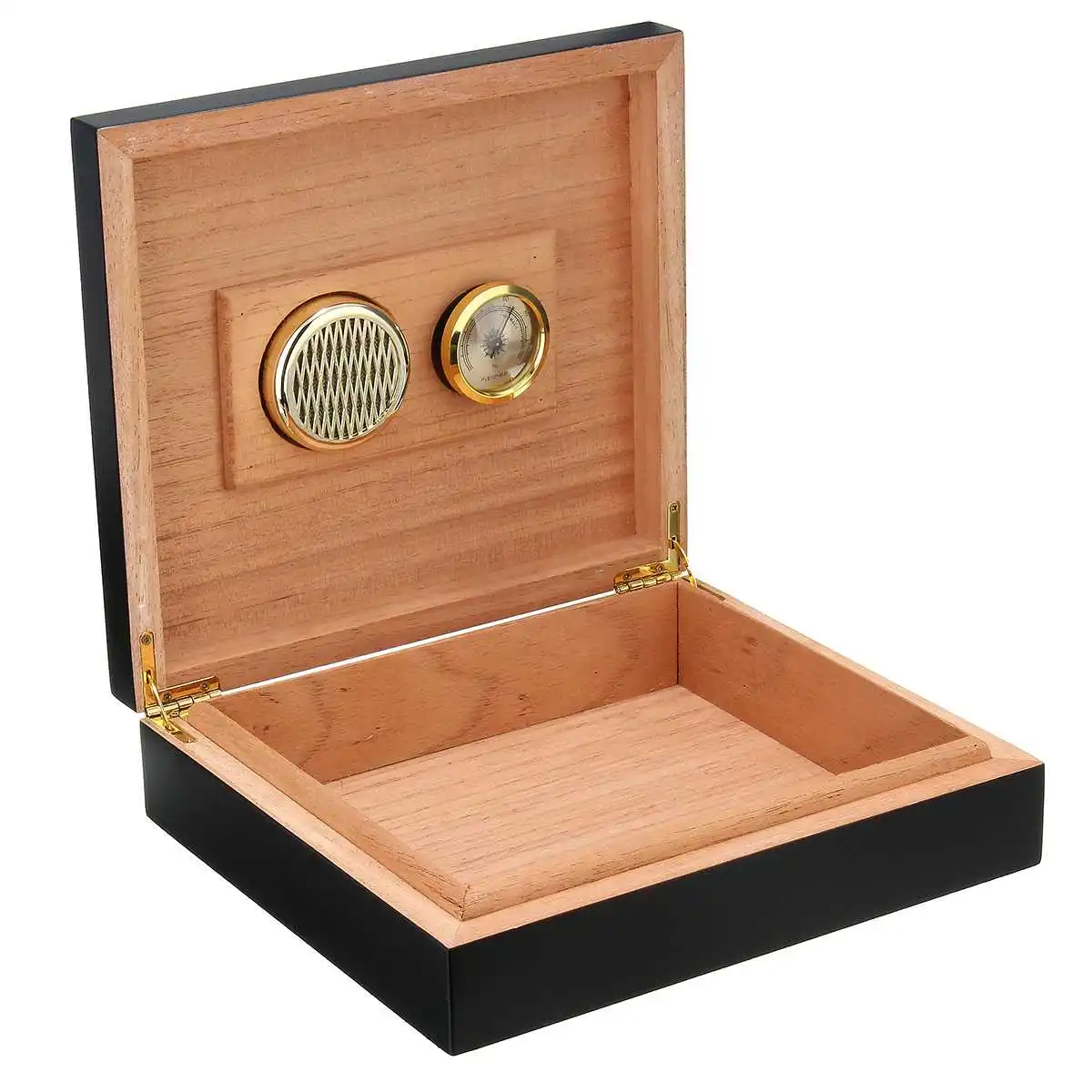 20-25 Cigars Black Cedar Wood Lined Cigar Case Cigar Storage Box with Humidor Humidifier Hygrometer Cigar Accessories