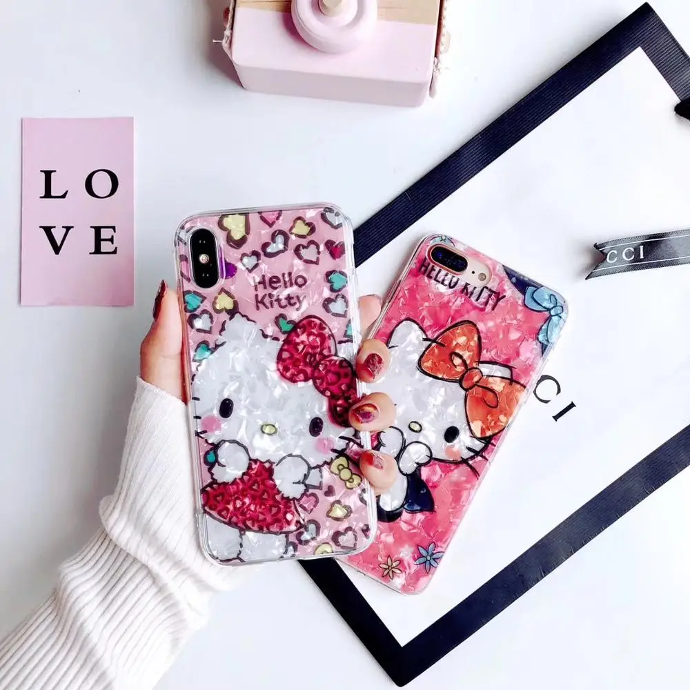

XR Shine Pearls Trendy Cartoon Glossy kitty bear Phone Case Soft TPU Back Cover For iPhoneXsmax 8/6s 7/8plus Shell Protection