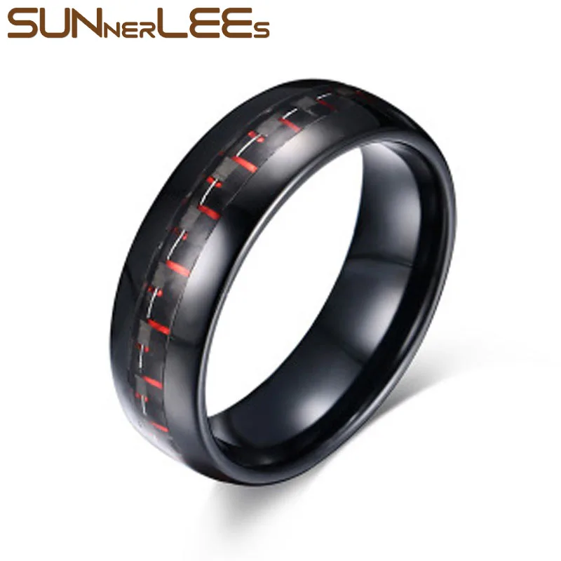 

8mm SUNNERLEES Fashion Jewelry Stainless Steel Rings 100% Tungsten Carbide Black Red Carbon Fiber Ring Women Men TCR-021