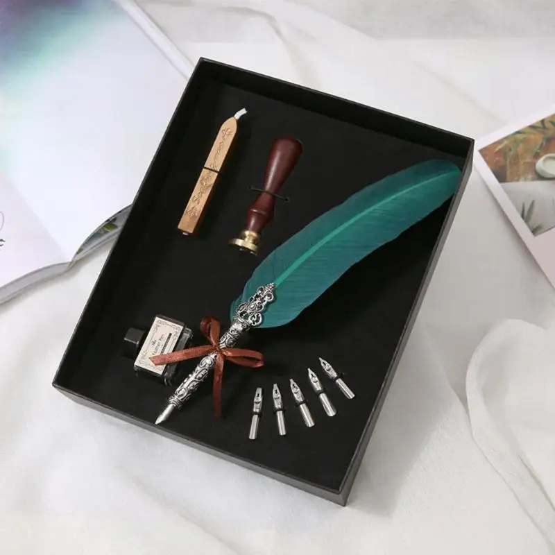 

Retro Calligraphy Feather Dip Pen Writing Ink Set Stationery Gift Box Fountain Pens with ink bottle 5 pen nibs Birthday Gifts