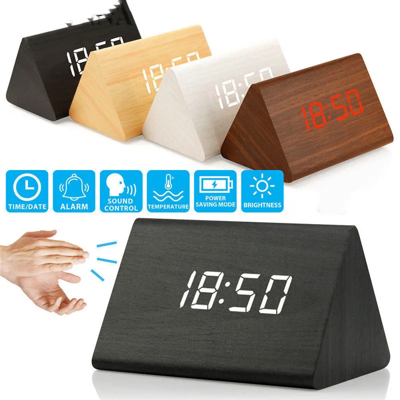 

Wood Cube LED Alarm Control Digital Desk Clock Triangular Prism Wooden Style Room Temperature Showing Clock
