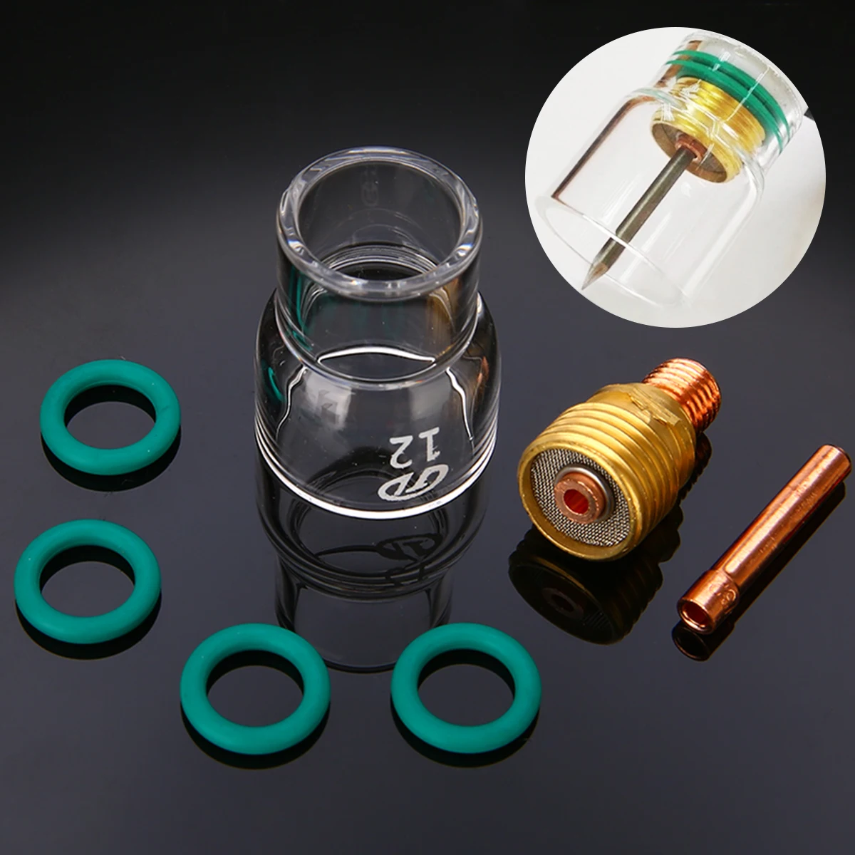 

7Pcs/Set Welding Torch TIG Stubby Gas Lens Collets #12 Clear Pyrex Glass Cup with Green O-rings Kit For WP-9/WP-20/WP-25
