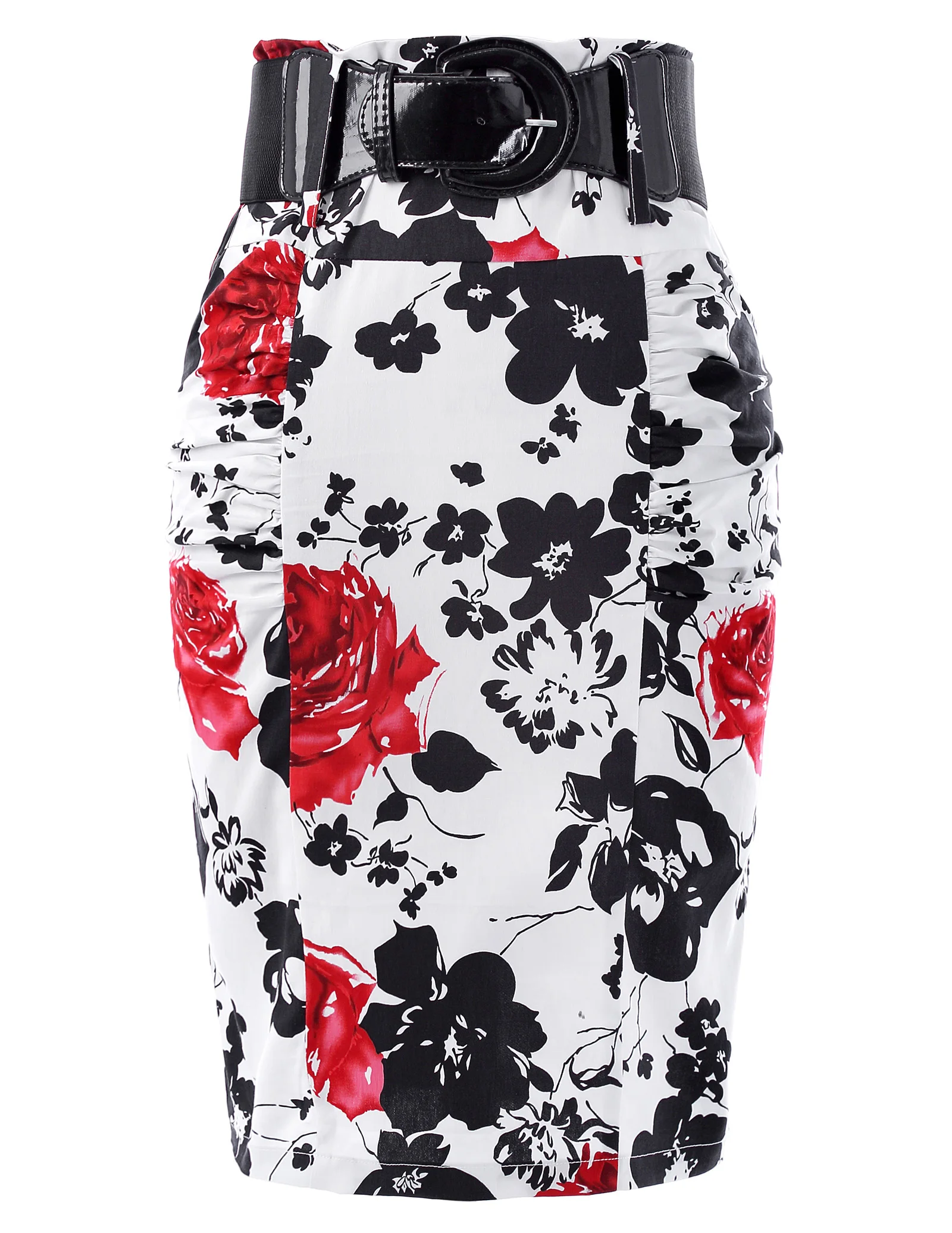 

Women Shirred skirt office lady Flower Pattern Cotton Pencil Skirt Wide Belt vintage classy sashes knee length floral skirts