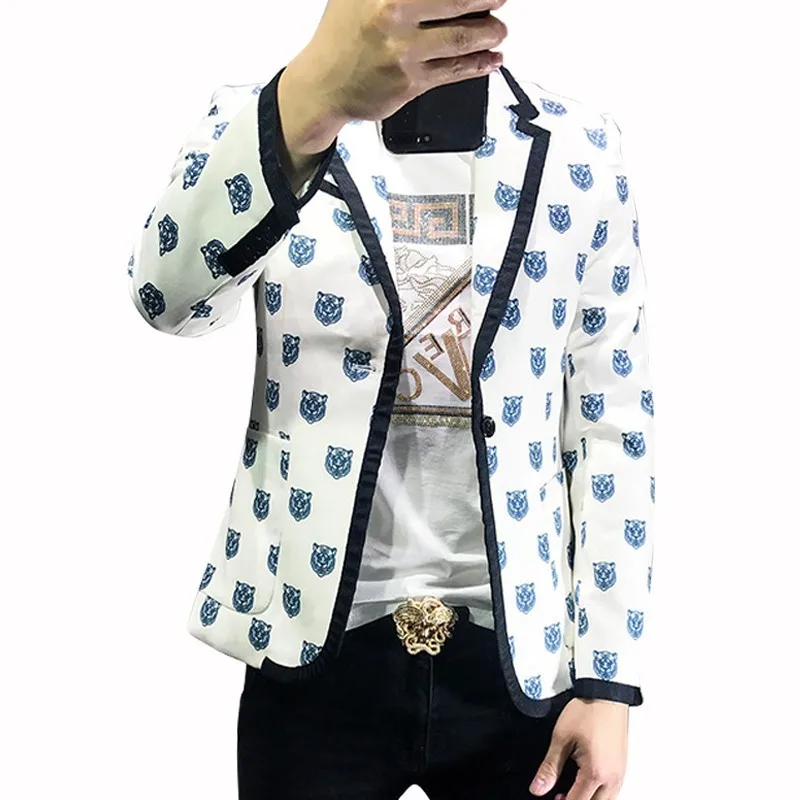 

Tiger Head White Blazer Jacket Male 2019 Season Frivolous Mans Suit Trill Hairstyle Division Avoid Burn Loose Coat Blazer Hombre
